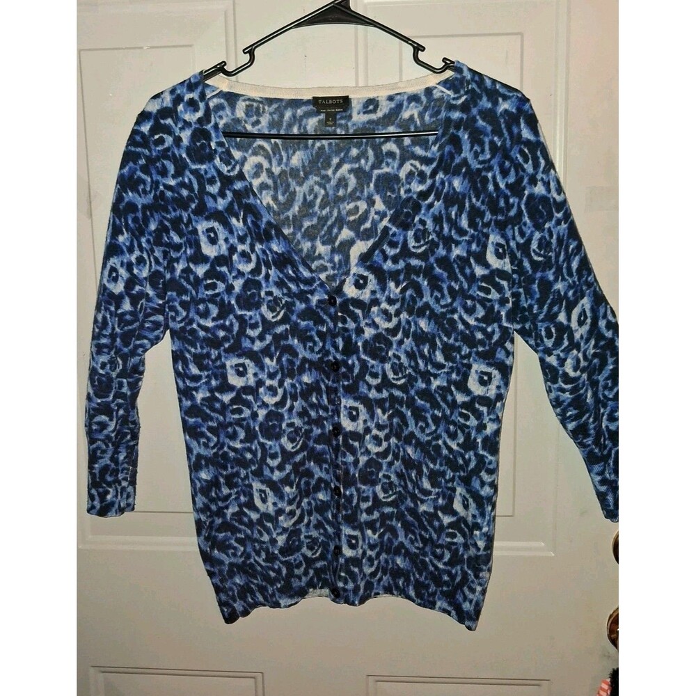 Talbots Merino Wool Knit Cardigan Sweater Blue Abstract V-Neck Button S